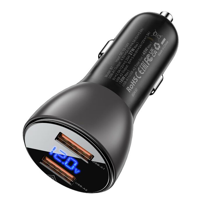 Автомобільний зарядний пристрій Acefast B7 Metal Dual USB with digital display 45W 14079